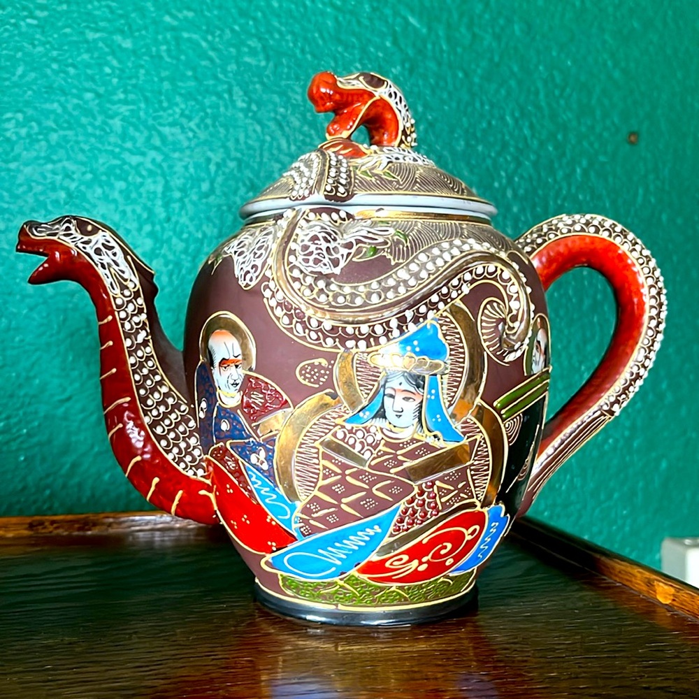 Rare Teapot Vintage Japanese Kutani Satsuma Lithophane Geisha Godess Kanna